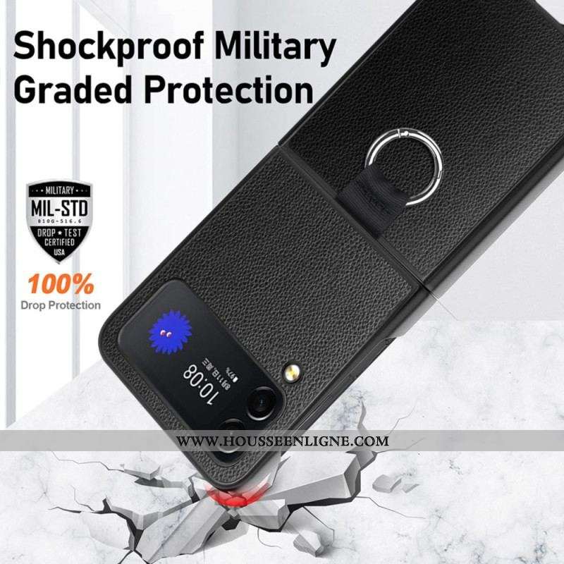 Coque Samsung Galaxy Z Flip 4 Cuir Litchi avec Anneau