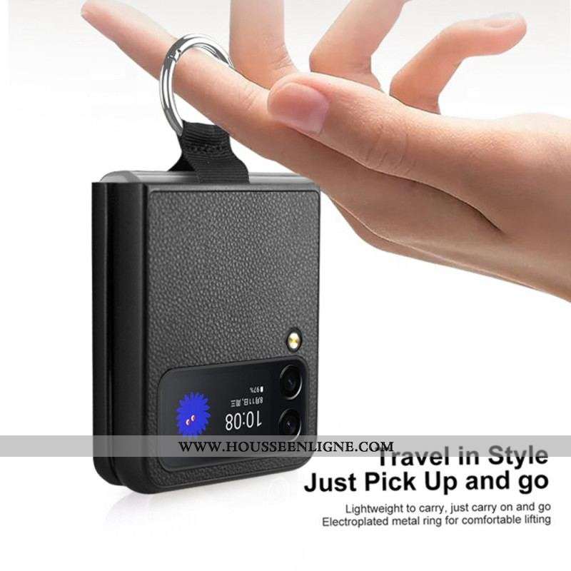 Coque Samsung Galaxy Z Flip 4 Cuir Litchi avec Anneau
