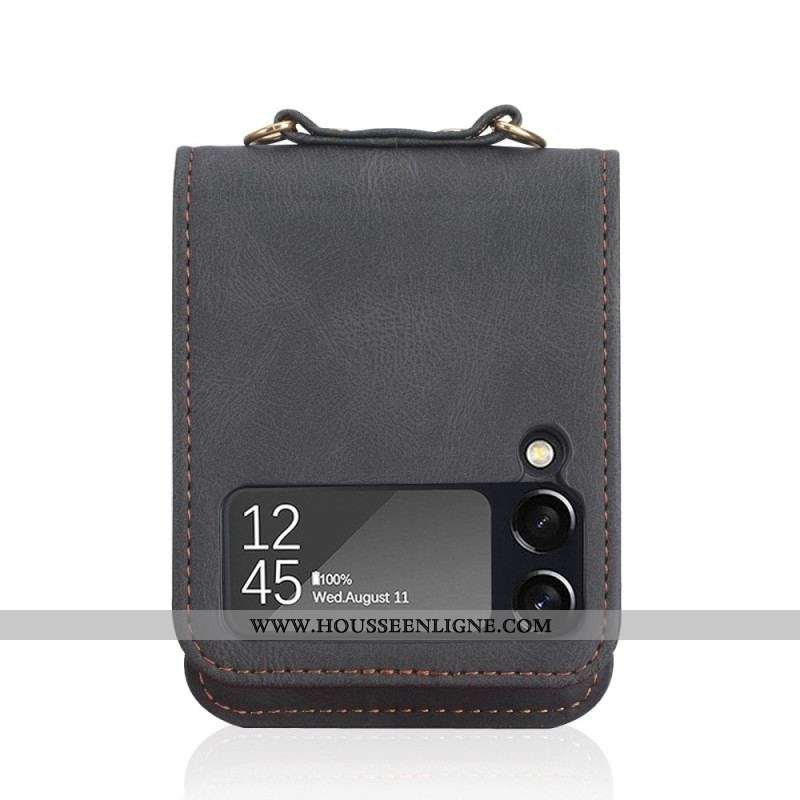 Coque Samsung Galaxy Z Flip 4 Effet Cuir Couture et bandoulière
