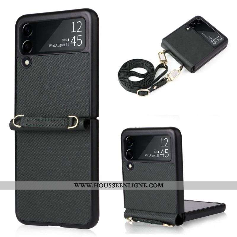 Coque Samsung Galaxy Z Flip 4 Effet Cuir Texture Fibre Carbone Avec Sangle