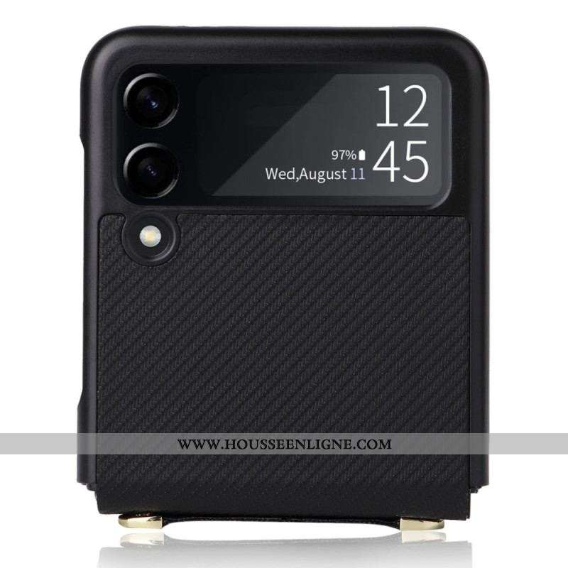 Coque Samsung Galaxy Z Flip 4 Effet Cuir Texture Fibre Carbone Avec Sangle