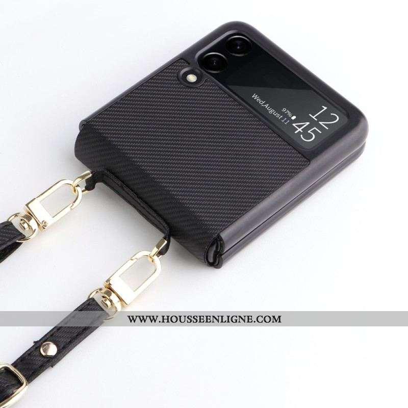 Coque Samsung Galaxy Z Flip 4 Effet Cuir Texture Fibre Carbone Avec Sangle