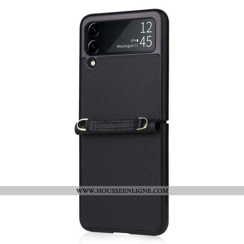 Coque Samsung Galaxy Z Flip 4 Effet Cuir Texture Fibre Carbone Avec Sangle