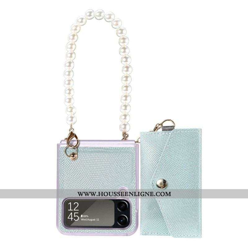 Coque Samsung Galaxy Z Flip 4 Porte-cartes et Lanière Perles
