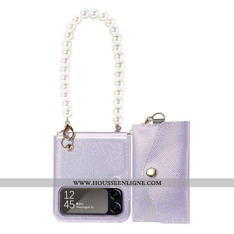 Coque Samsung Galaxy Z Flip 4 Porte-cartes et Lanière Perles