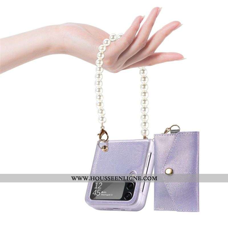Coque Samsung Galaxy Z Flip 4 Porte-cartes et Lanière Perles