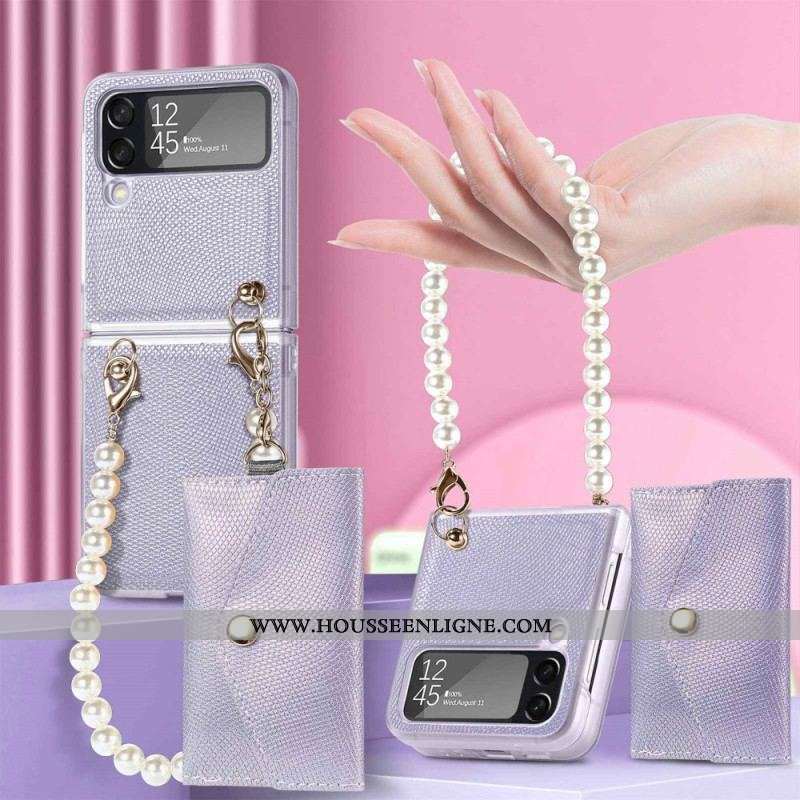 Coque Samsung Galaxy Z Flip 4 Porte-cartes et Lanière Perles
