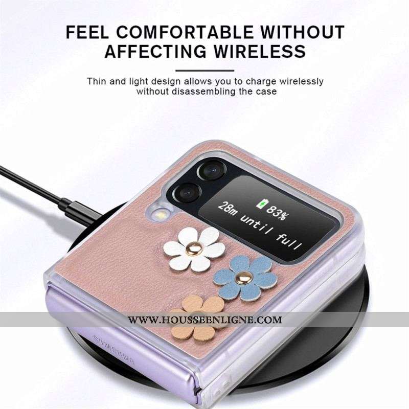 Coque Samsung Galaxy Z Flip 4 Simili Cuir Fleurs