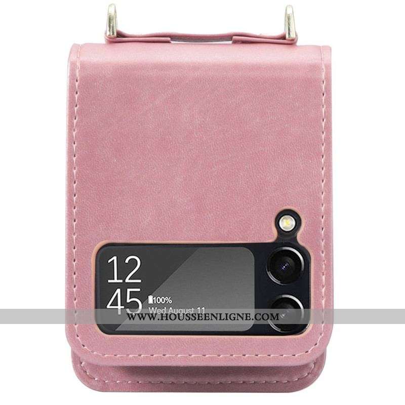 Coque Samsung Galaxy Z Flip 4 Style Cuir Porte-Cartes et Lanière