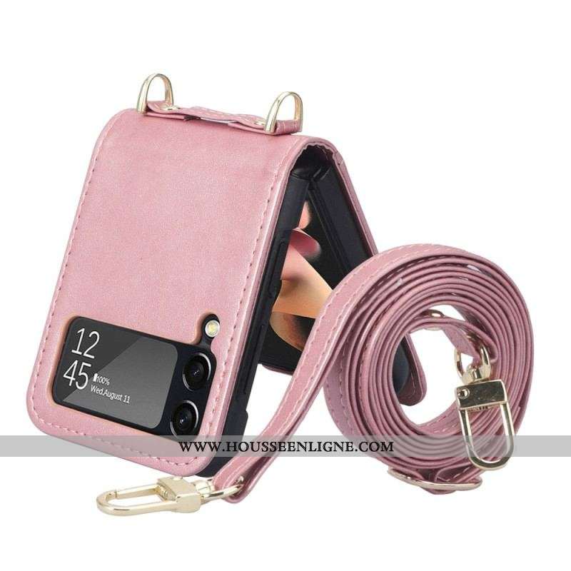 Coque Samsung Galaxy Z Flip 4 Style Cuir Porte-Cartes et Lanière