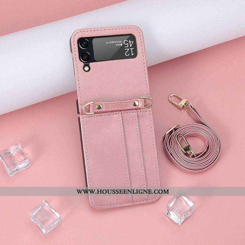 Coque Samsung Galaxy Z Flip 4 Style Cuir Porte-Cartes et Lanière