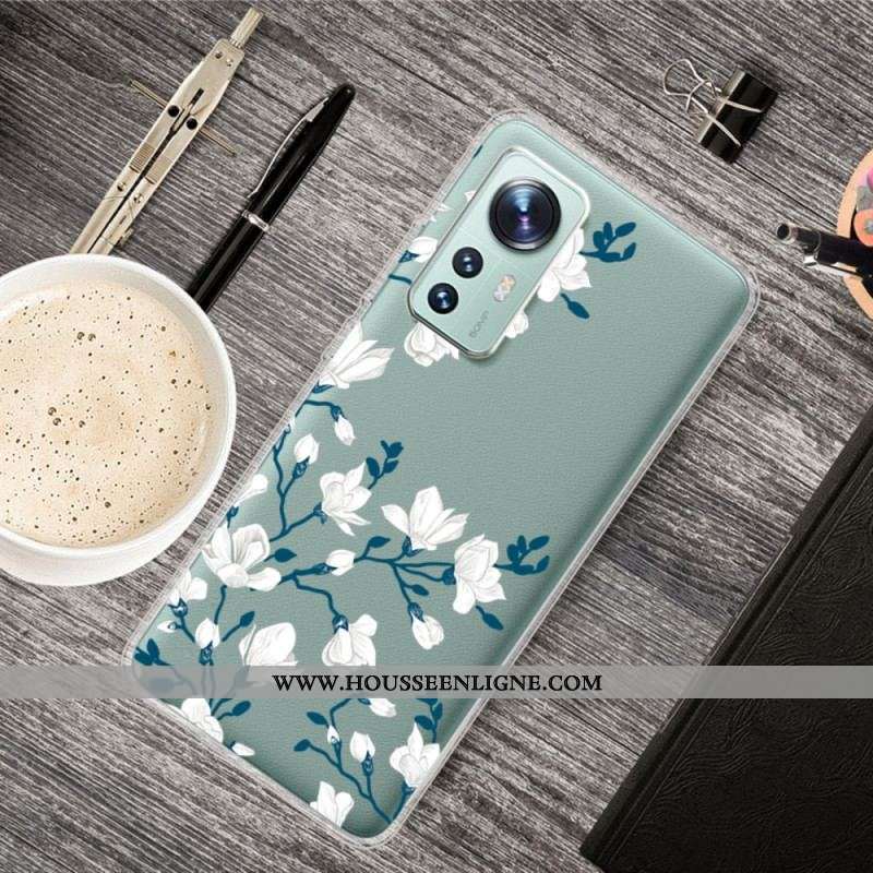 Coque Xiaomi 12 Pro Silicone Fleurs Blanches