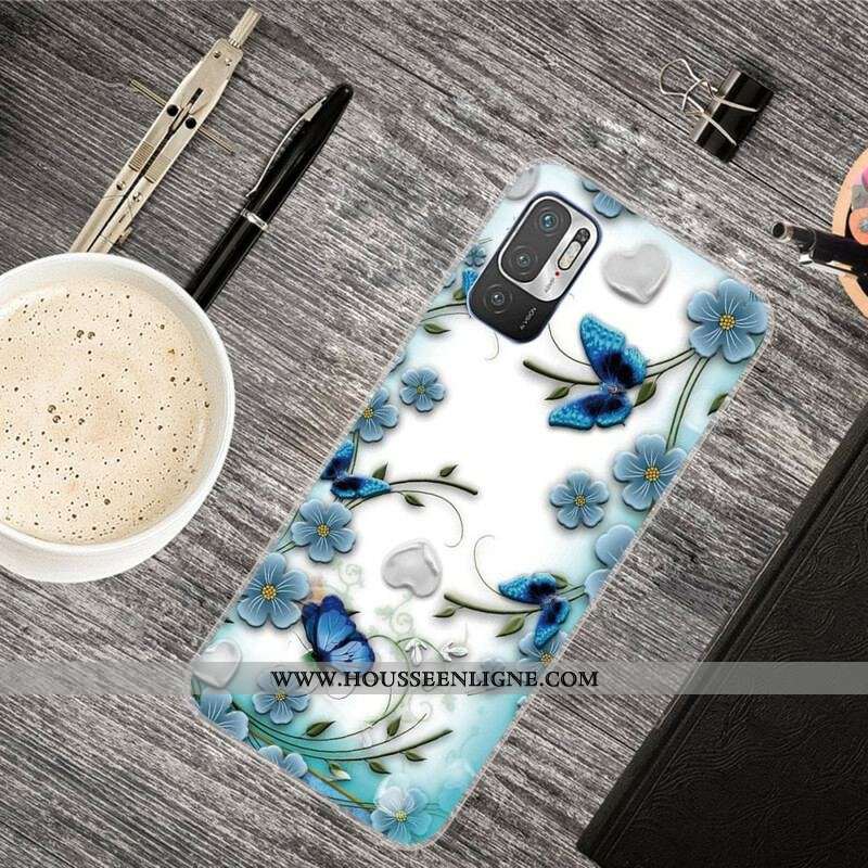 Coque Xiaomi Redmi Note 10 5G / Poco M3 Pro 5G Papillons et Fleurs Rétros