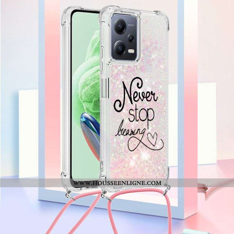 Coque Xiaomi Redmi Note 12/Poco X5 5G à Cordon Paillettes Never Stop