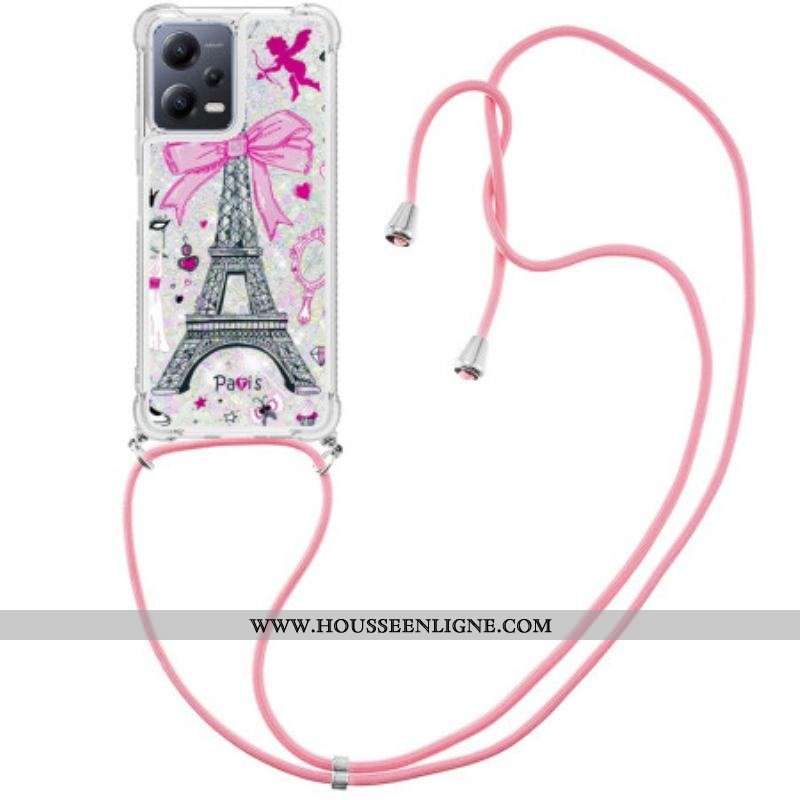 Coque Xiaomi Redmi Note 12/Poco X5 5G à Cordon Paillettes Tour Eiffel