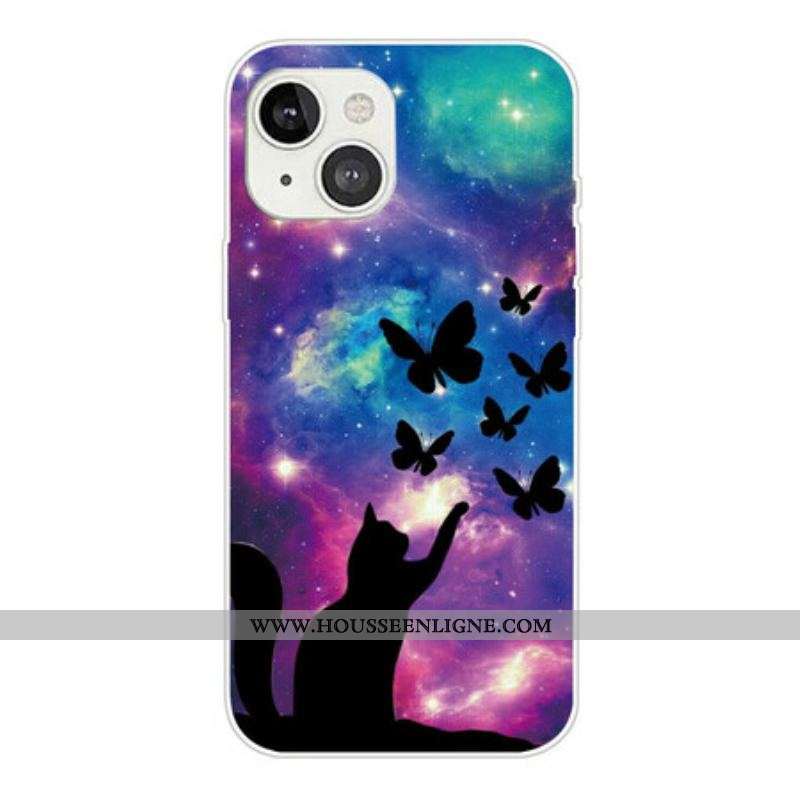 Coque iPhone 13 Mini Chat et Papillons Dans l'Espace