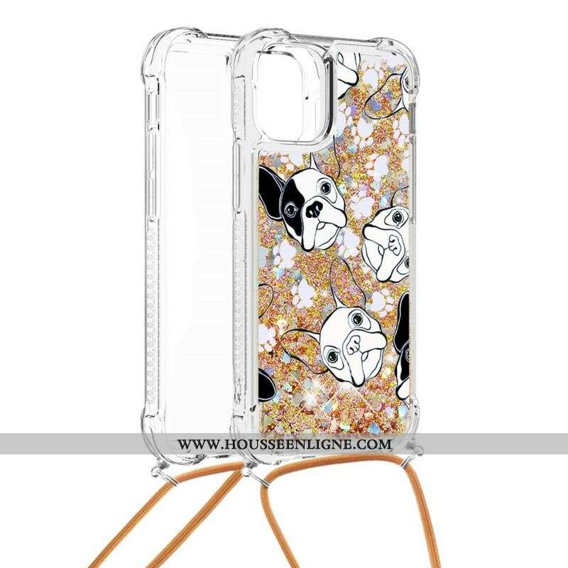 Coque iPhone 13 Mini à Cordon Paillettes Chiens