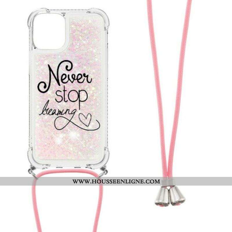 Coque iPhone 13 Mini à Cordon Paillettes Never Stop