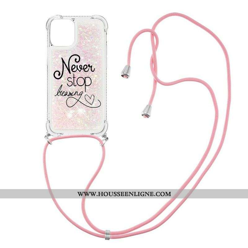 Coque iPhone 13 Mini à Cordon Paillettes Never Stop