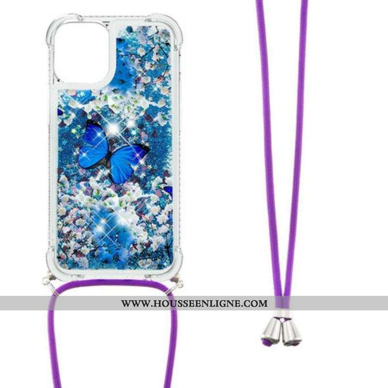 Coque iPhone 13 Mini à Cordon Paillettes Papillons