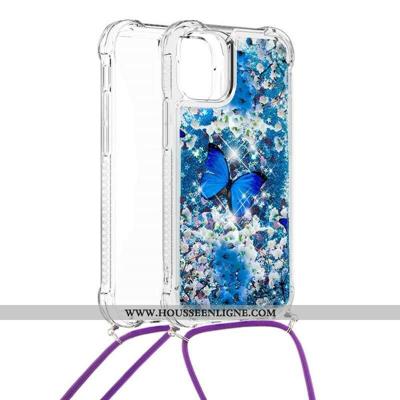 Coque iPhone 13 Mini à Cordon Paillettes Papillons