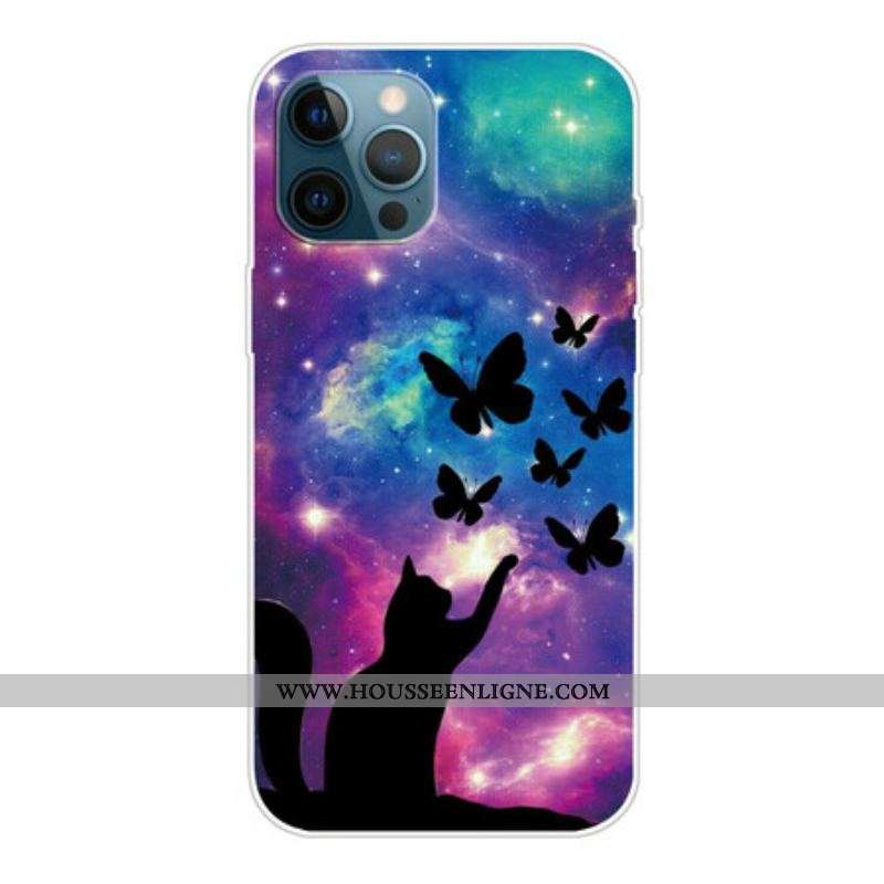Coque iPhone 13 Pro Chat et Papillons Dans l'Espace