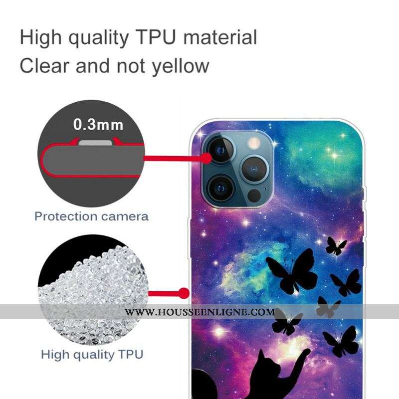 Coque iPhone 13 Pro Chat et Papillons Dans l'Espace