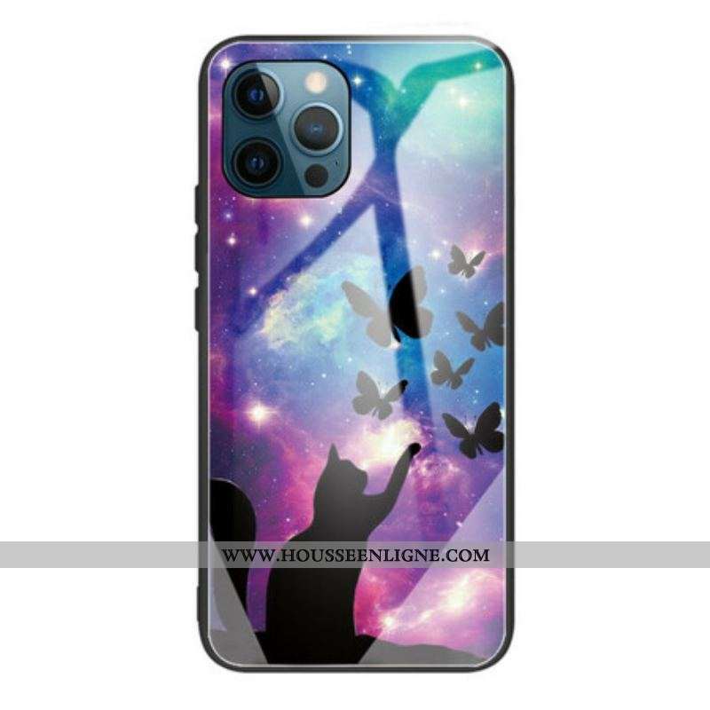 Coque iPhone 13 Pro Verre Trempé Chat et Papillons Dans l'Espace