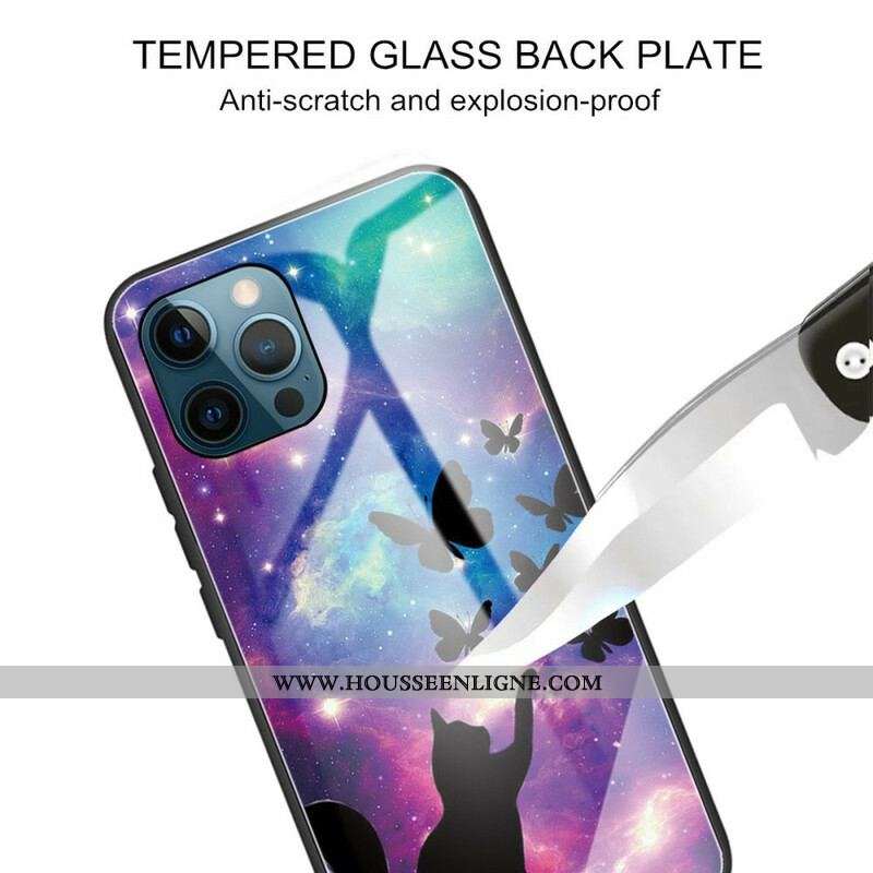 Coque iPhone 13 Pro Verre Trempé Chat et Papillons Dans l'Espace