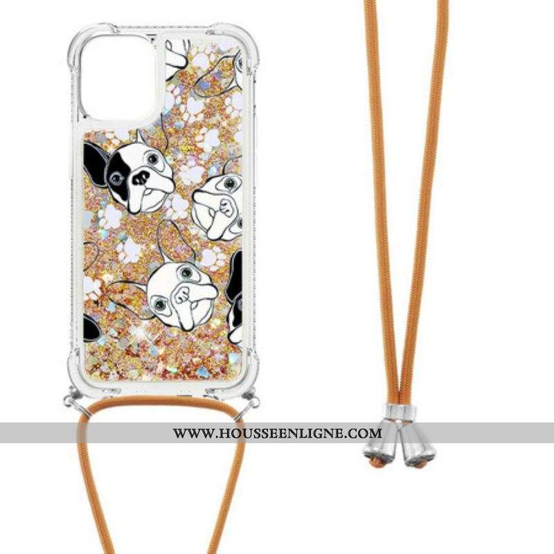 Coque iPhone 13 Pro à Cordon Paillettes Chiens