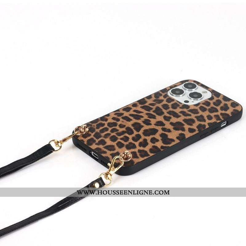 Coque iPhone 14 Pro Léopard avec Bandoulière
