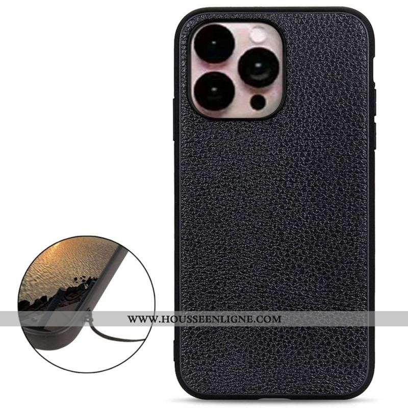 Coque iPhone 14 Pro Max Véritable Cuir Litchi