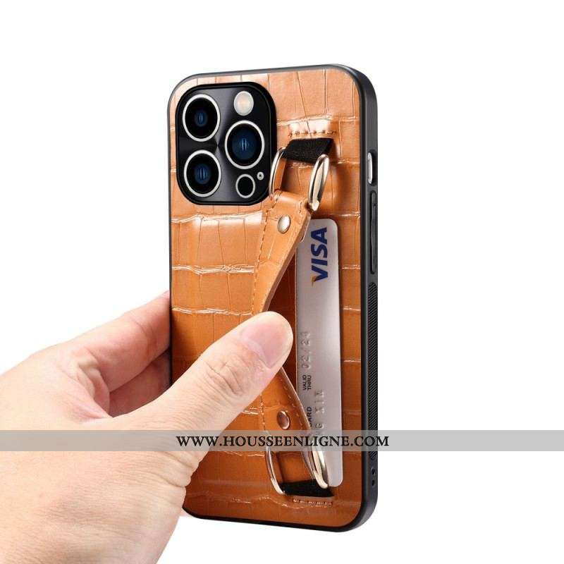 Coque iPhone 14 Pro Porte-Carte avec Sangle Support Croco