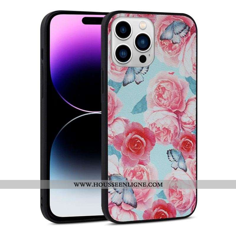 Coque iPhone 14 Pro Simili Cuir Florale