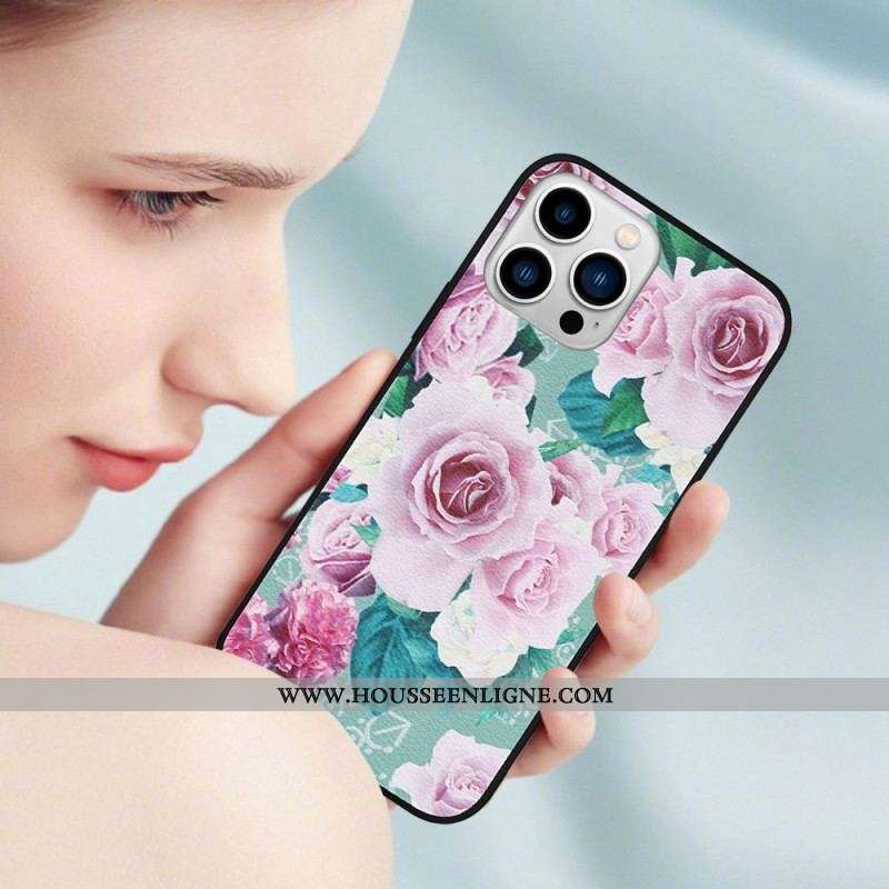 Coque iPhone 14 Pro Simili Cuir Florale