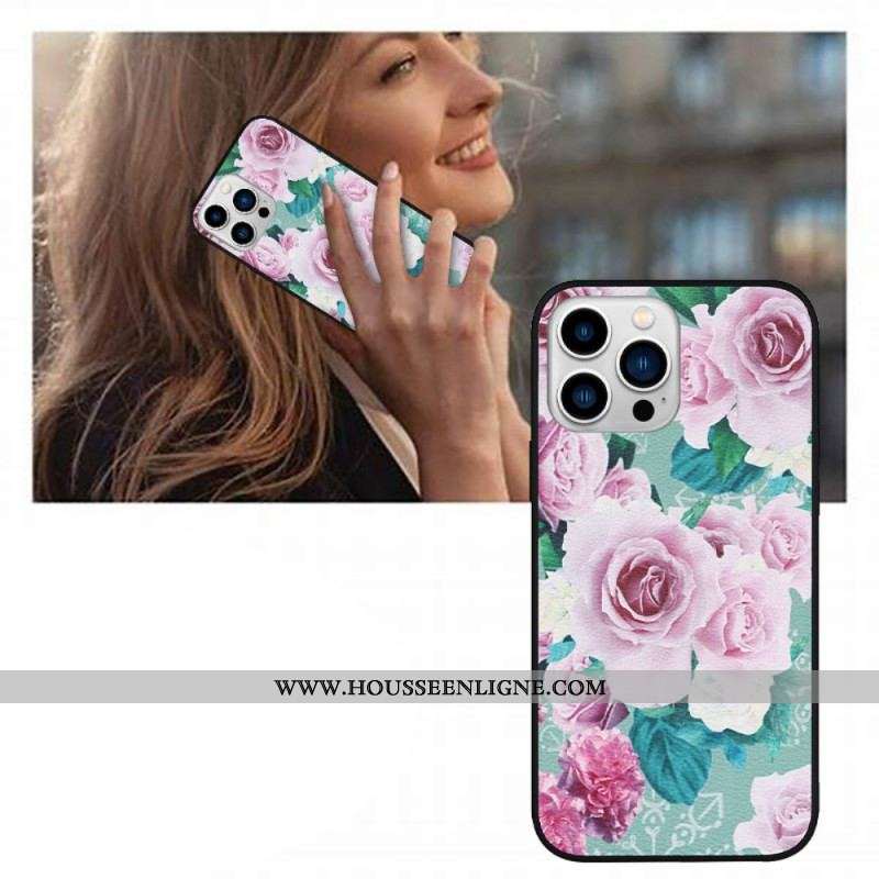 Coque iPhone 14 Pro Simili Cuir Florale