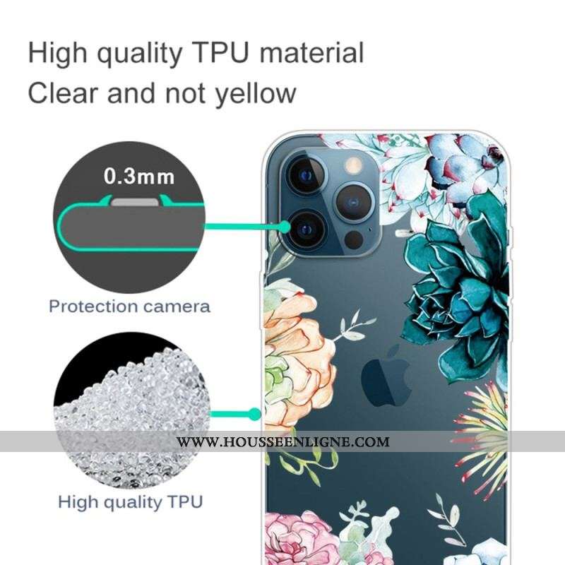 Coque iPhone 14 Pro Transparente Fleurs Aquarelle