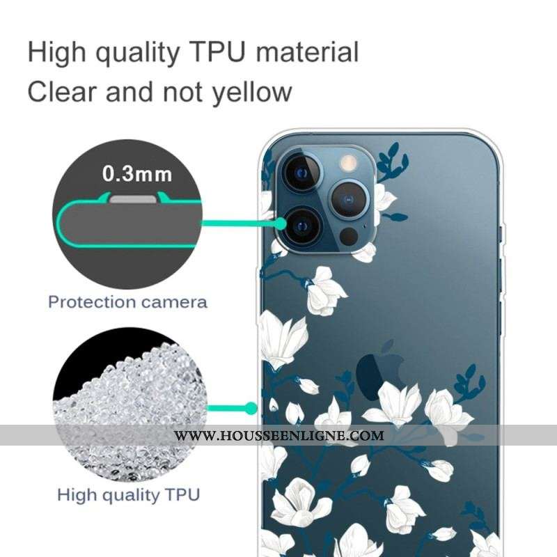 Coque iPhone 14 Pro Transparente Fleurs Blanches