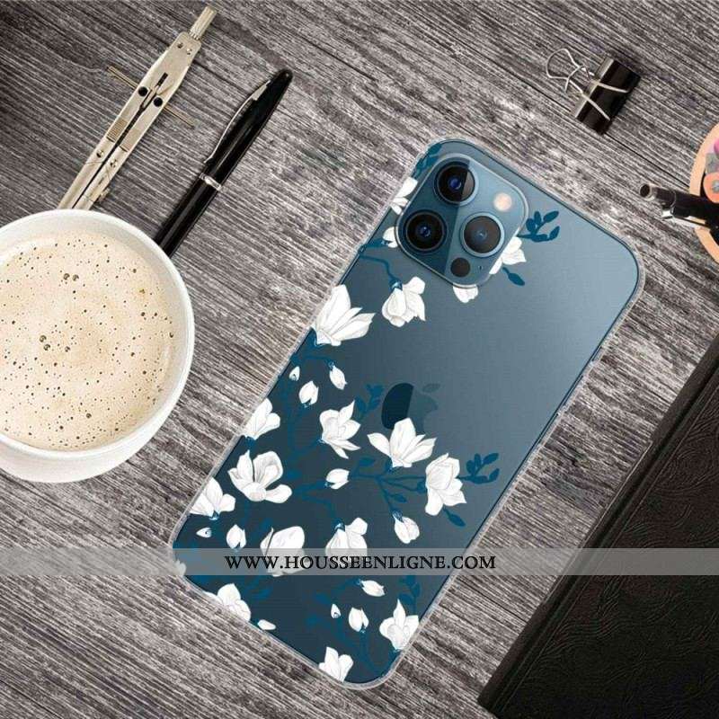 Coque iPhone 14 Pro Transparente Fleurs Blanches