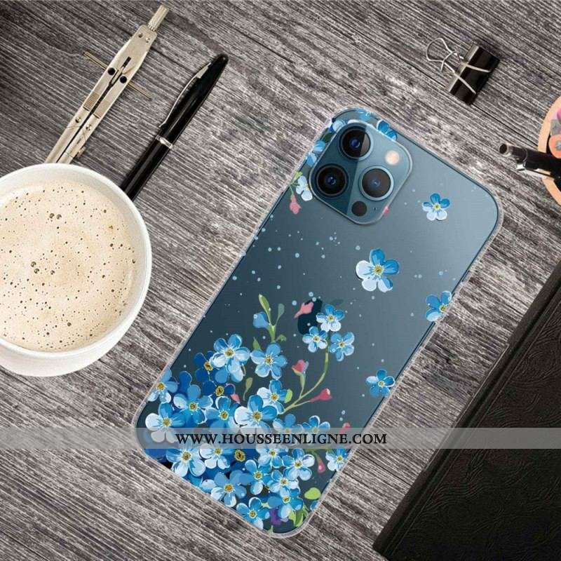 Coque iPhone 14 Pro Transparente Fleurs Bleues