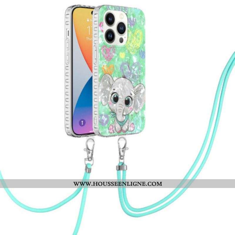 Coque iPhone 14 Pro à Cordon Éléphant Stylé