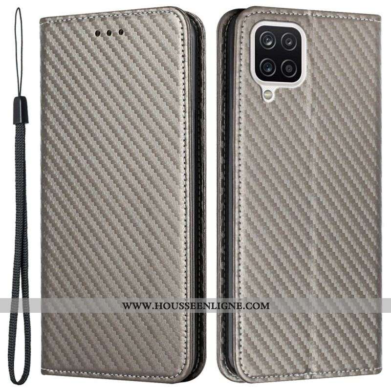 Flip Cover Samsung Galaxy A12 / M12 Fibre Carbone à Lanière