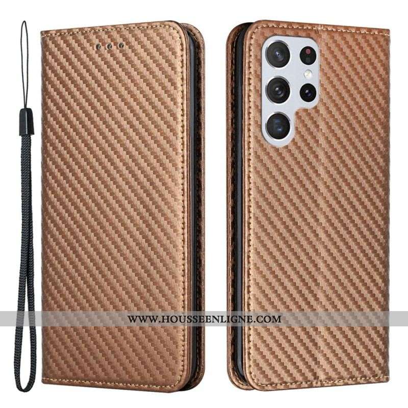 Flip Cover Samsung Galaxy S22 Ultra 5G Fibre Carbone à Lanière