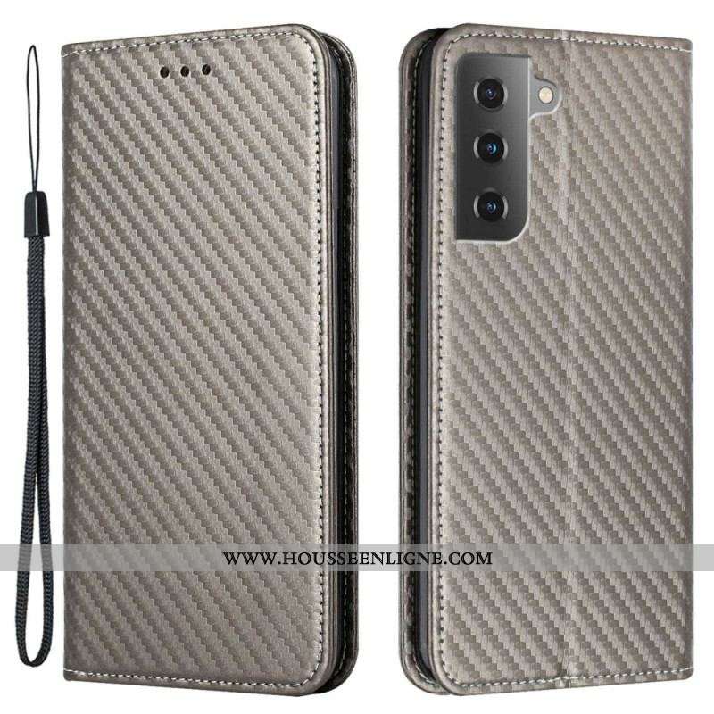 Flip Cover Samsung Galaxy S23 5G Style Fibre Carbone à Lanière