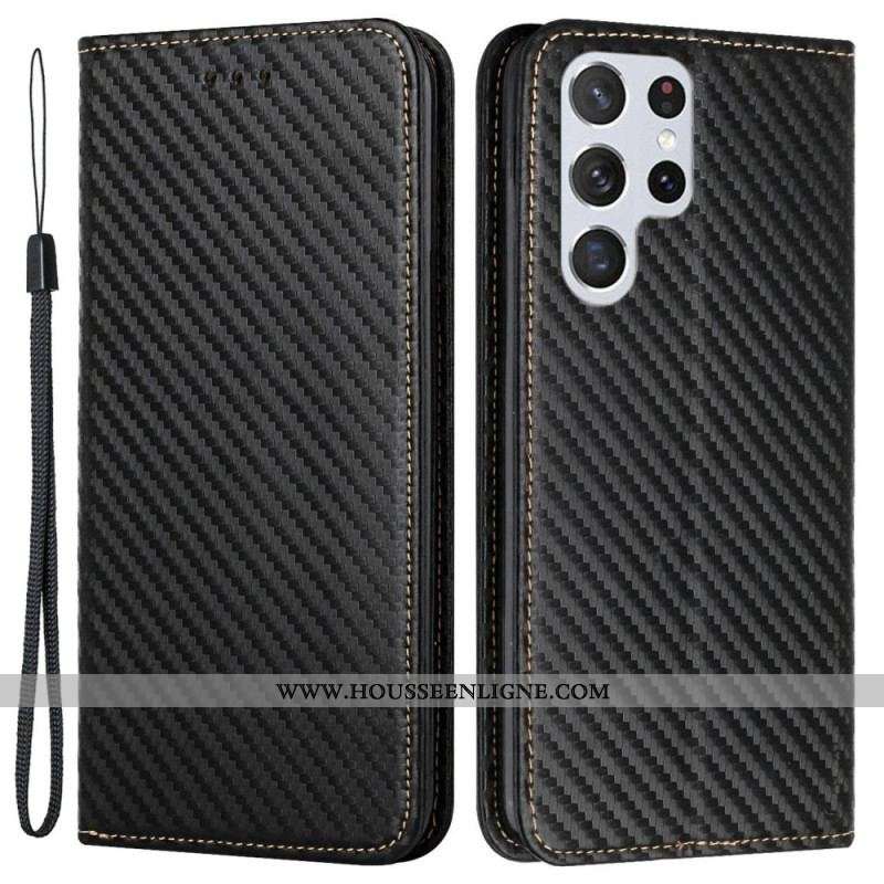 Flip Cover Samsung Galaxy S23 Ultra 5G Style Fibre Carbone à Lanière
