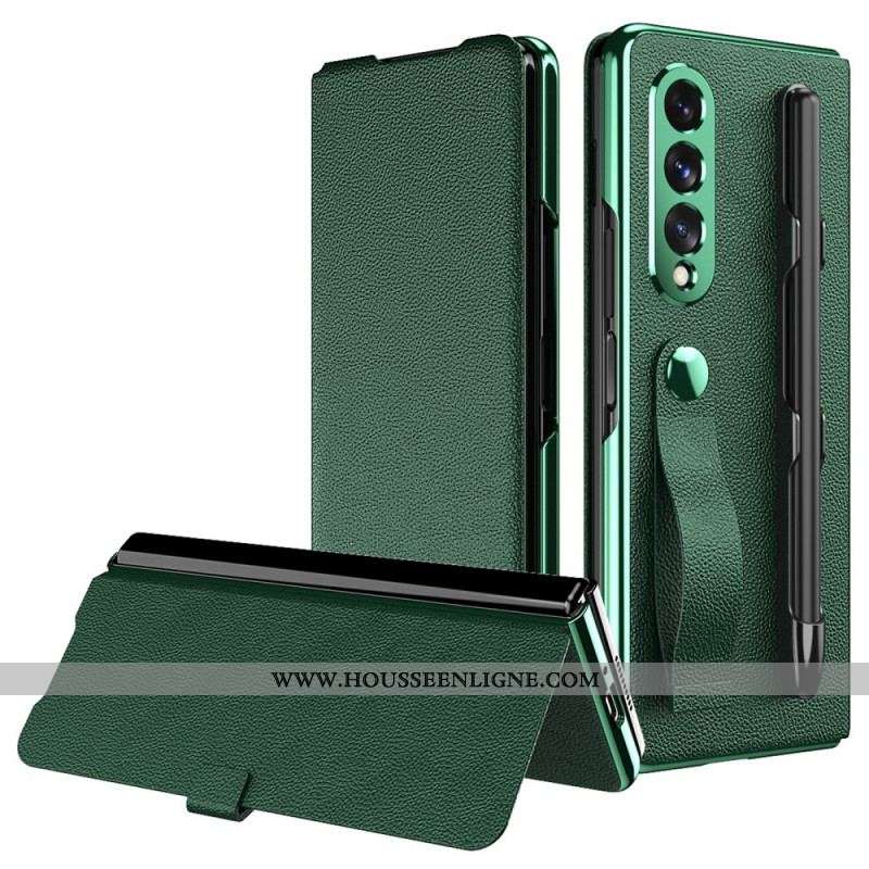Flip Cover Samsung Galaxy Z Fold 3 5G Style Cuir Litchi Porte-Stylet et Sangle