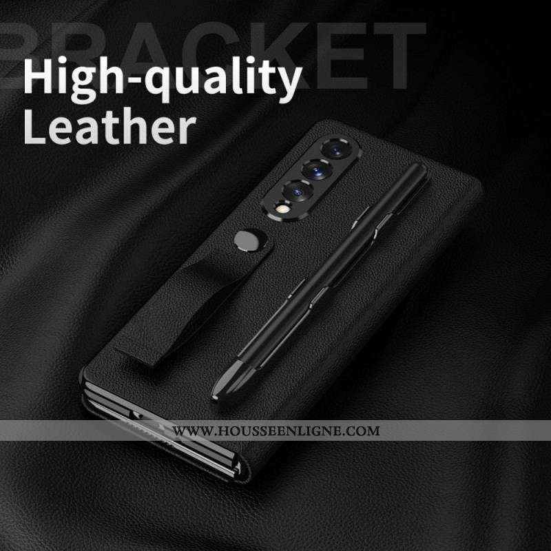 Flip Cover Samsung Galaxy Z Fold 3 5G Style Cuir Litchi Porte-Stylet et Sangle