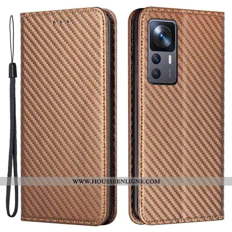 Flip Cover Xiaomi 12T / 12T Pro Fibre Carbone avec Lanière