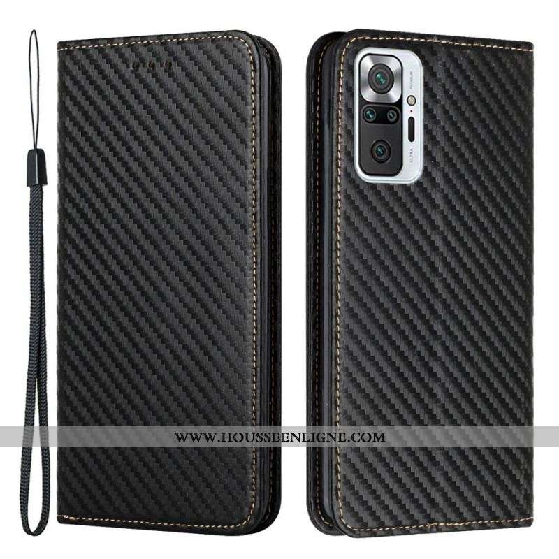 Flip Cover Xiaomi Redmi Note 10 Pro Fibre Carbone à Lanière