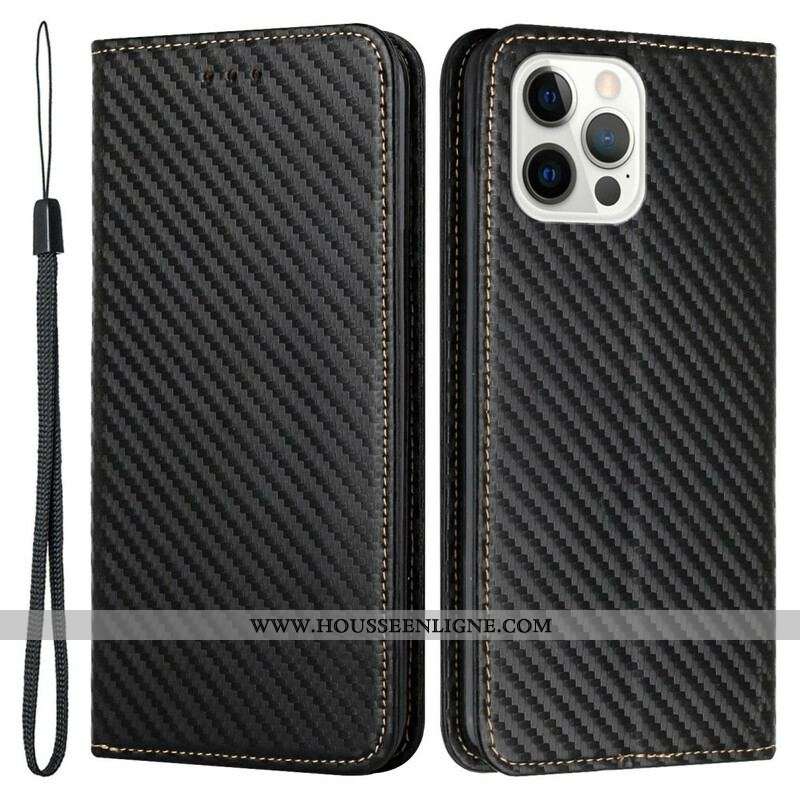 Flip Cover iPhone 13 Pro Fibre Carbone à Lanière